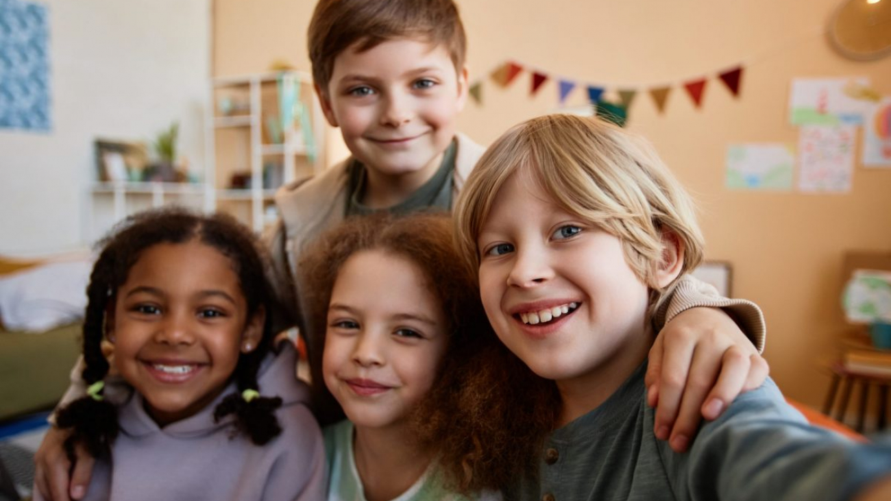 POV of group of happy children taking selfie photo together and looking at camera at home